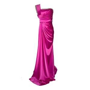 One Shoulder Satin Pleated Crystal Embellished Pink Prom Dresses - FR 38